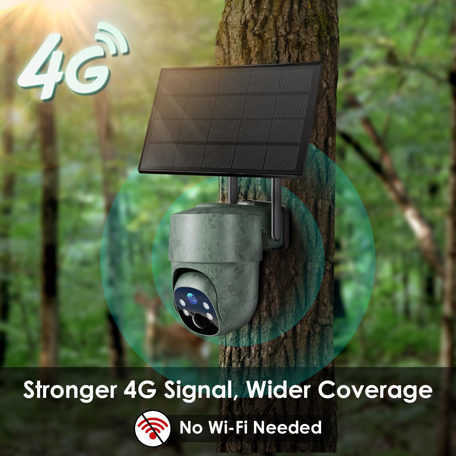 WOLFANG Fotocamera da Caccia 4G con SIM, 2.5K Telecamera Esterna con Pannello Solare e APP, 360° PTZ Fototrappola Infrarossi Invisibili, Visione Notturna a Colori, Rilevamento PIR, Impermeabile IP66