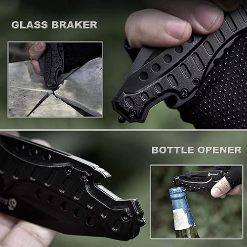 Miniatura 5 de Navaja de bolsillo para hombre, cuchillo plegable con clip, cuchillos tácticos con hoja dentada, rompedor de vidrio y abridor de botellas, cuchillo