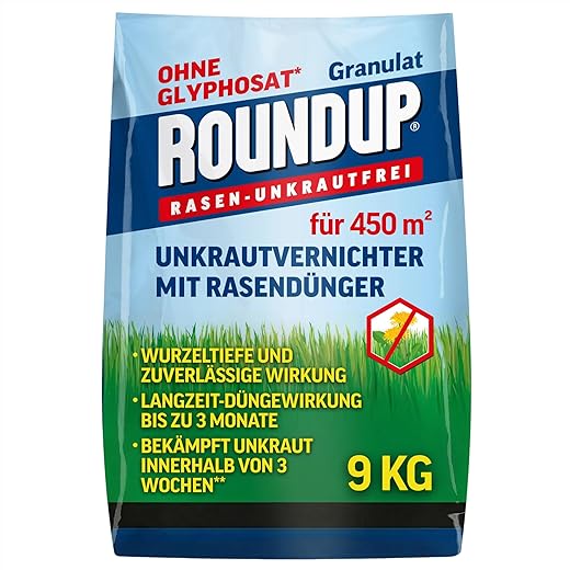 Roundup Rasen-Unkrautfrei Rasendünger, 2in1, Unkrautvernichter plus Dünger mit 100 Tage Langzeitwirkung, 9 kg für 450 m²