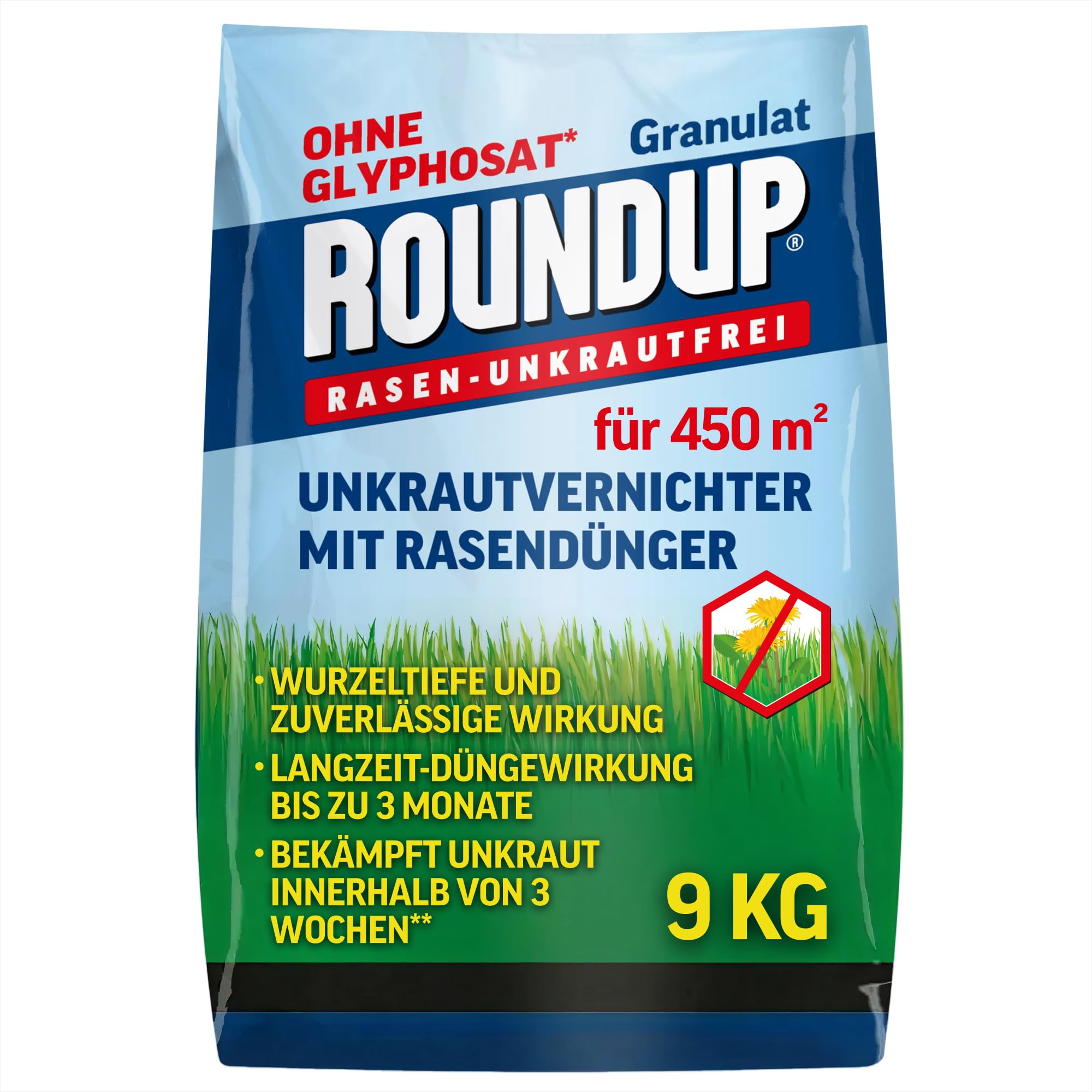 Roundup Rasen-Unkrautfrei Rasendünger, 9 kg für 450 m² - 2in1, Unkrautvernichter plus Dünger mit 100 Tage Langzeitwirkung