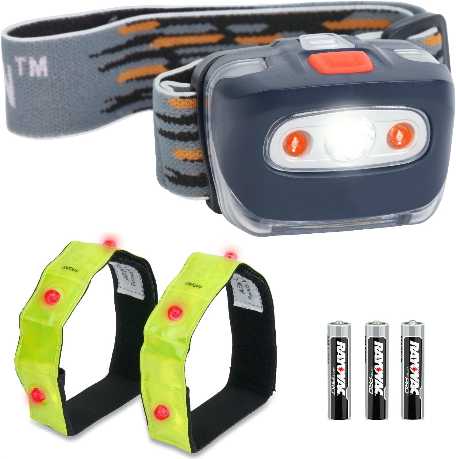 LED Headlamp Flashlight+ 2x Safety Armbands for Running, Camping, Reading, Kids, DIY & More - Super Bright, Lightweight & Comfortable - Headlamps come with Batteries