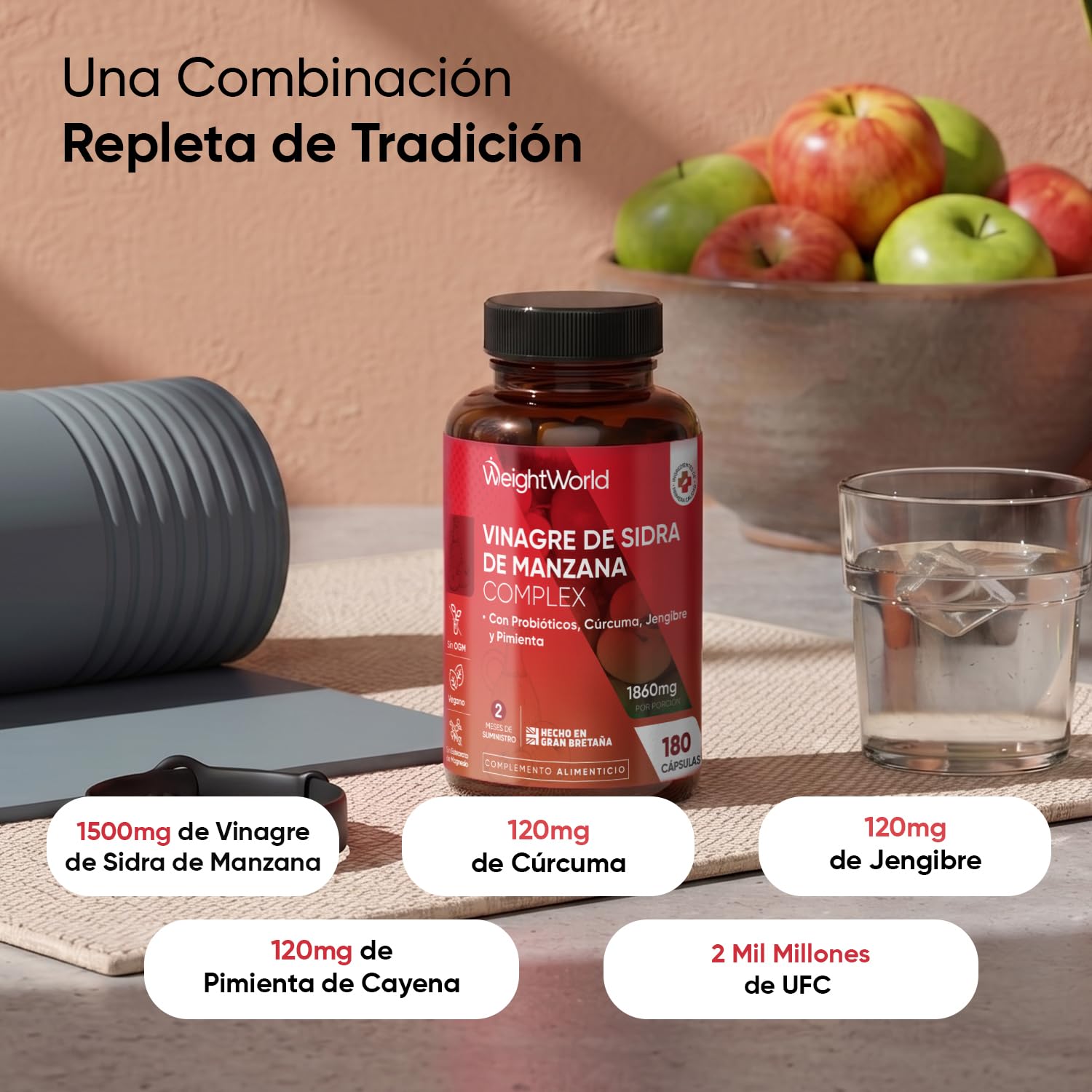 Vinagre de Sidra de Manzana 1860 mg - 180 Cápsulas con Probióticos, Cúrcuma, Jengibre y Pimienta de Cayena - Suplemento para 2 Meses de Suministro - Vegano, Sin OGM y Sin Gluten