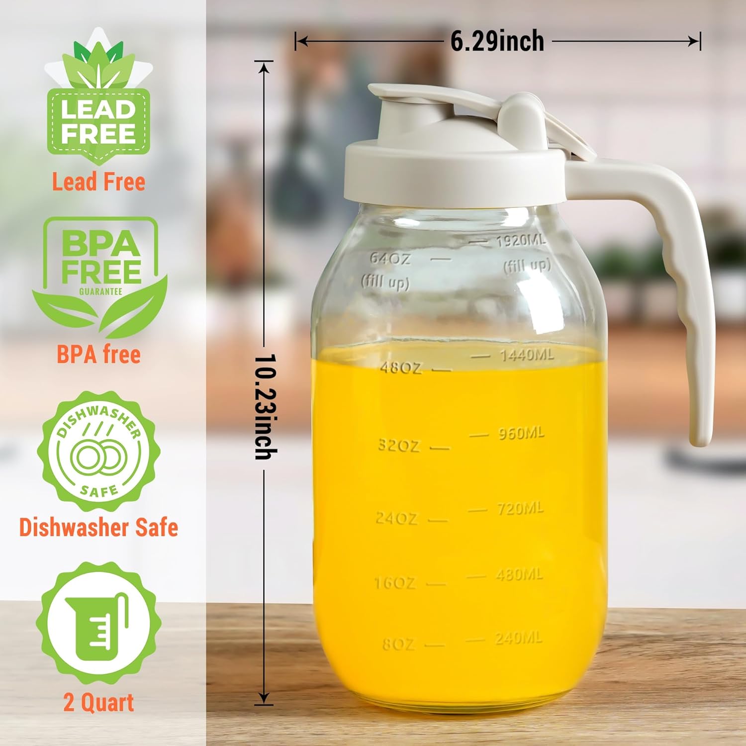 YORY 2 Quart Glass Pitcher with Filter Lid Airtight Cold Water Jug for Lemonade Tea Juice Milk Iced Coffee Fruit Drinks Airtight,64 oz - Image 7