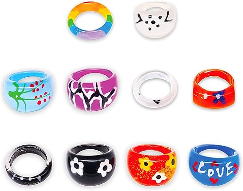 Fablinks 10 anillos acrílicos surtidos para niñas, anillo de resina gruesa para mujer, acrílico Y2K apilable, lindos anillos cuadrados de moda,