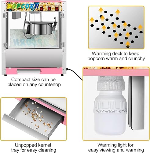 Miniatura 7 de Commercial Popcorn Machine, 8 Oz Kettle, 850 W Countertop Popcorn Maker for 48 Cups per Batch, Theater Style Popper with 3-Switch Control Steel