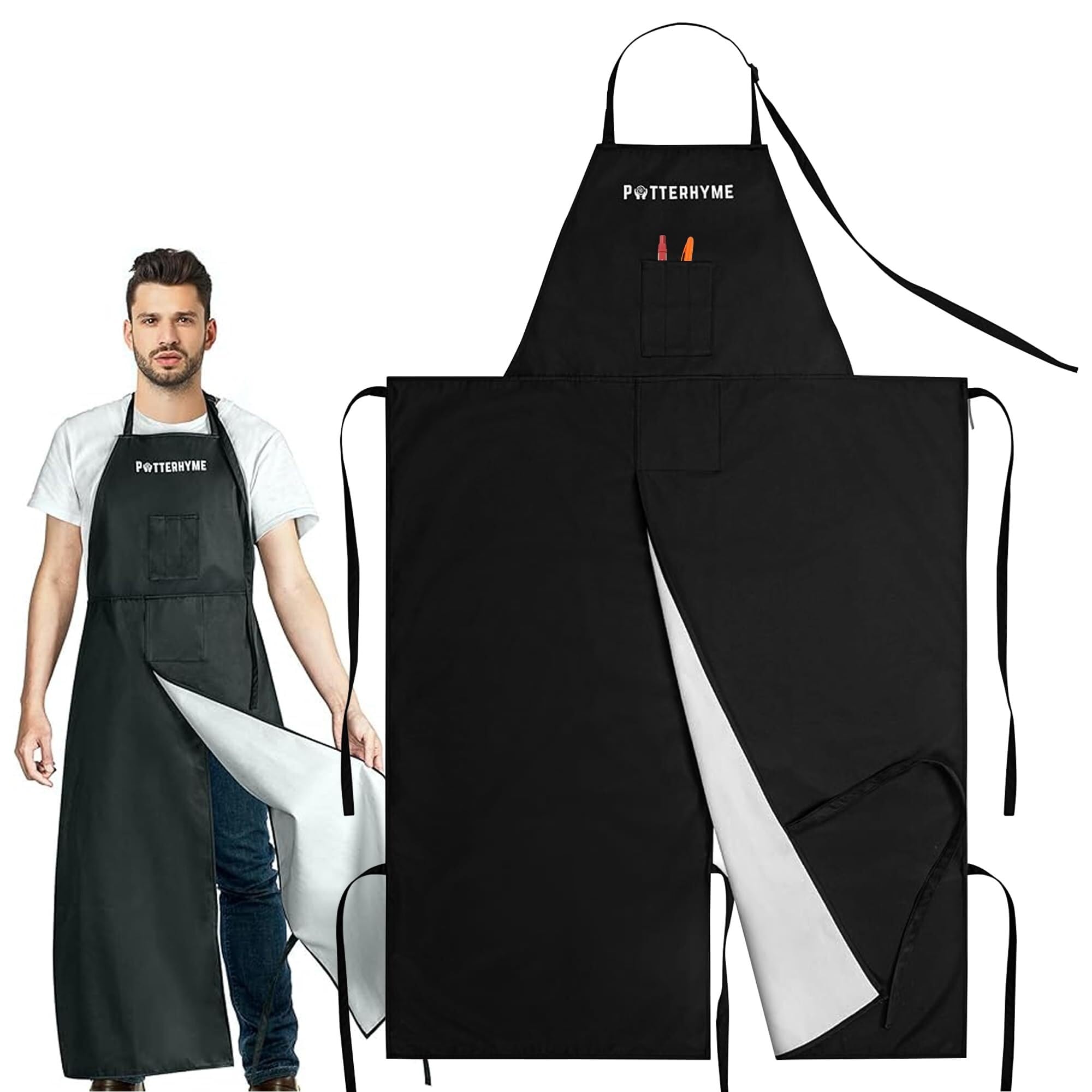 Barley Direct Men's One Color Full Coverage Waterproof Pottery Apron Split Leg,100% Polyester Apron For & Wo,For Ceramic Wheel Throwing, Woodturning, Painting, Leather Carving, Black, S/L