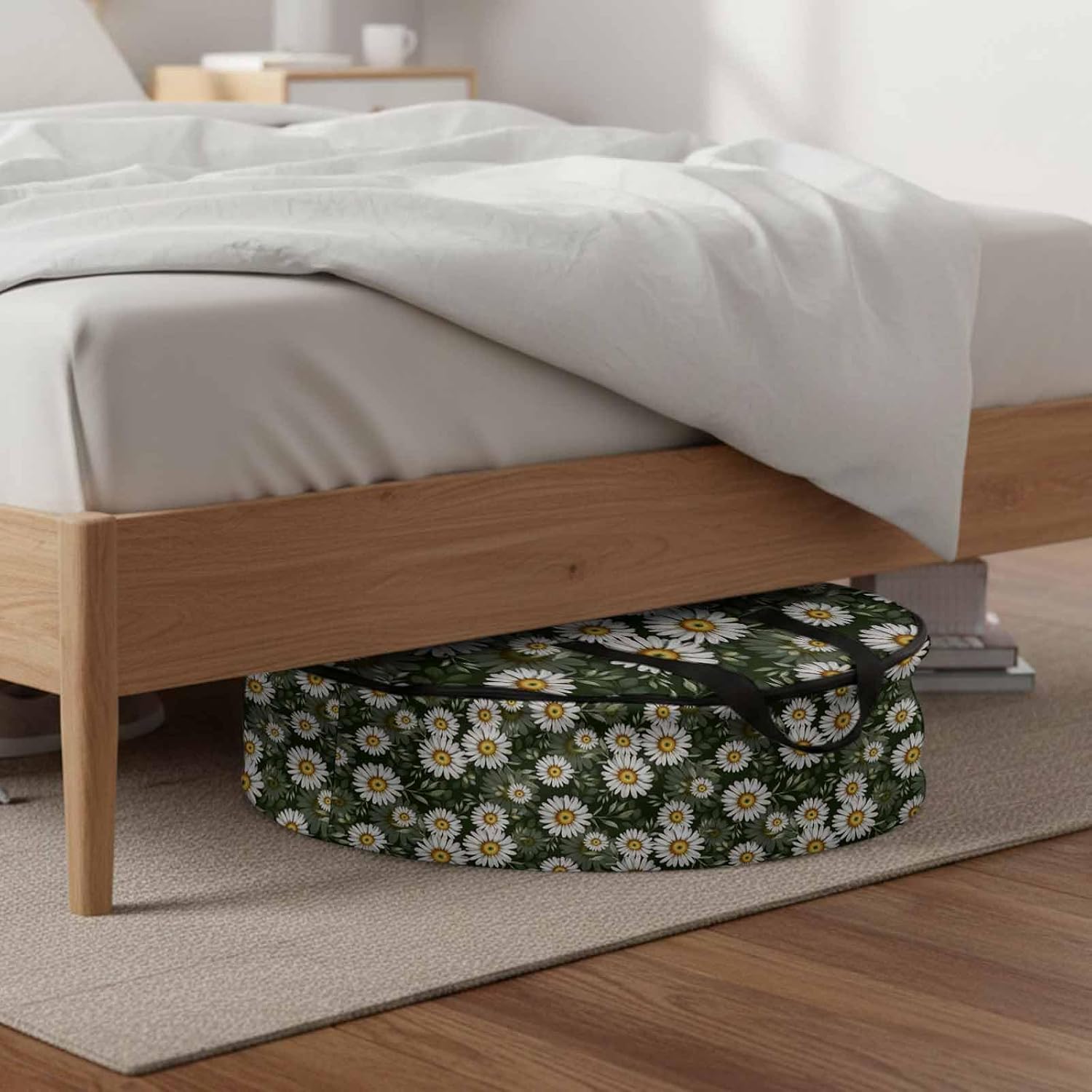 Storage Bag Daisy Flower Round Storage Totes Bins Closet Organizers with Zippers & Handle Green Leaves Plant Clothes Storage Container for Bedroom Dorm Space Saving Packing Supplies Moving Bags
