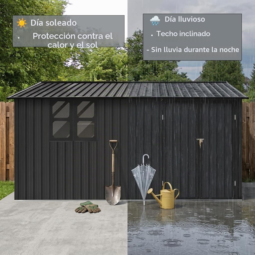 Cobertizo de metal para jardín, 362 x 285,5 cm, resistente a la intemperie, con ventana, puerta con cerradura y techo a dos aguas, 10,34 m², para jardín, terraza y patio trasero, color marrón y negro