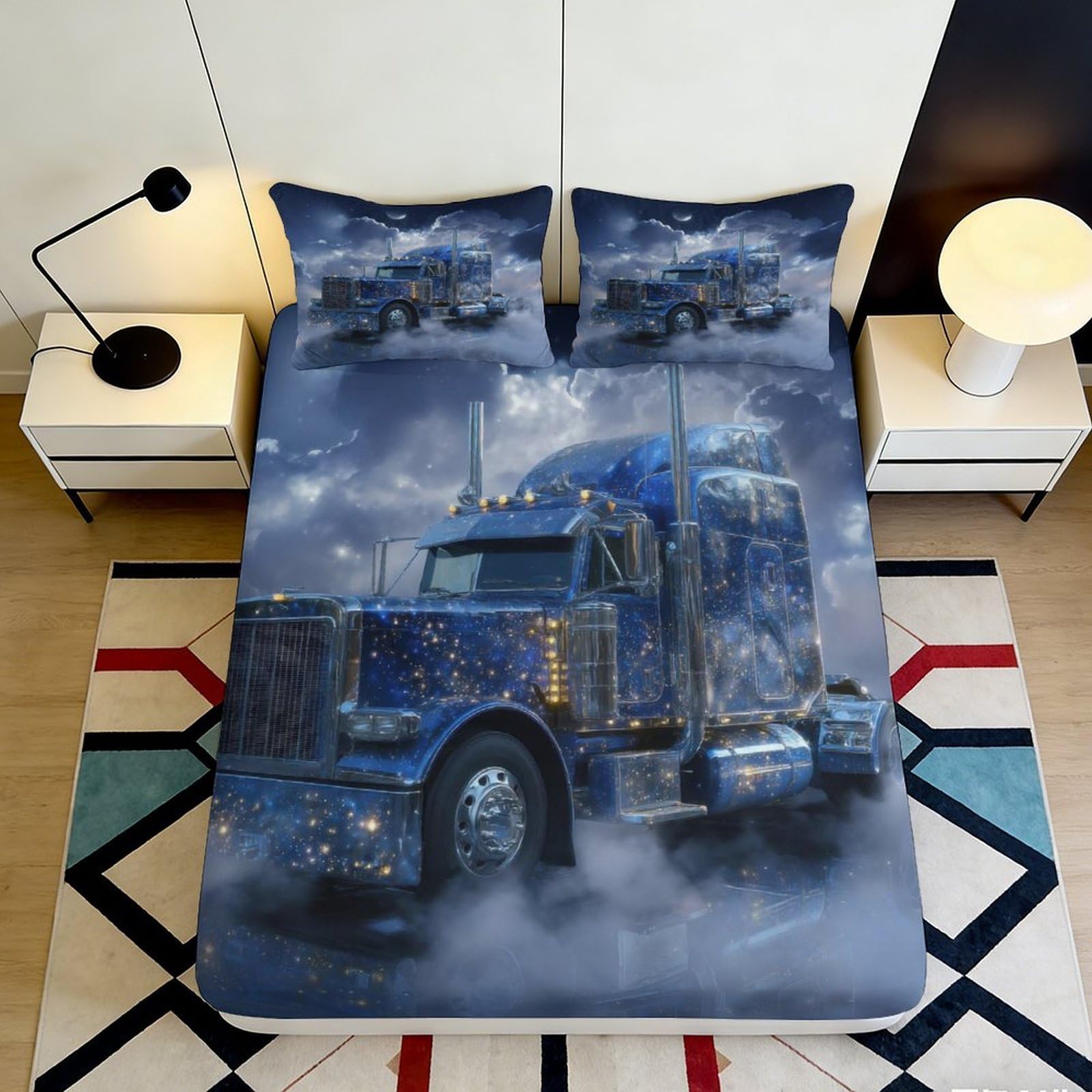 3D Printed Truck Pattern Fitted Sheet Microfiber Deep Pocket Non-Slip Bedding Truck Mattress Fitted Cover for Bedroom Adults 200x200x25cm 90x200x25cm