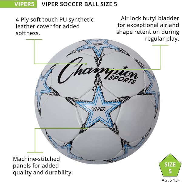Champion Sports Viper Soccer Ball – TPU Soft-Touch Training Ball in Sizes 3,4,5 for Indoor/Outdoor Play - 3