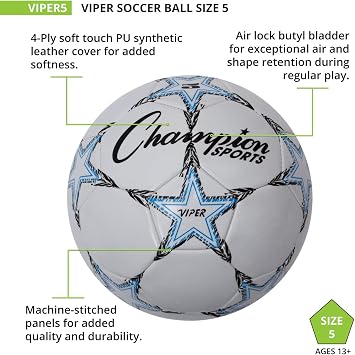 Champion Sports Viper Soccer Ball TPU Soft-Touch Training Ball in Sizes 3,4,5 for Indoor/Outdoor Play