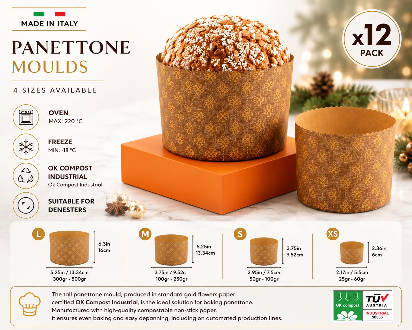 Pastry Chef's Boutique Molde de papel Panettone fino – XS – 4-3/8" x 3-3/8" - 250 gr - Paquete de 12 - Fabricado en Italia