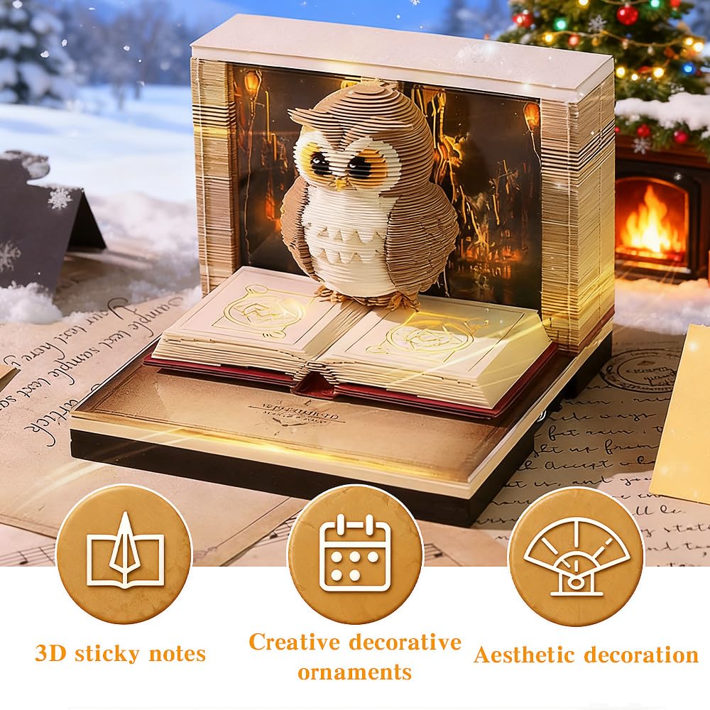 RNPKZ 3D Calendar 2026, Owl-shaped Time Piece Calendar, Tear Away Carving Time Piece Notepad with LED Lights, DIY 3D Memo Pad Paper Carving Art for Christmas Thanksgiving Offices Desktop Decoration - Image 4