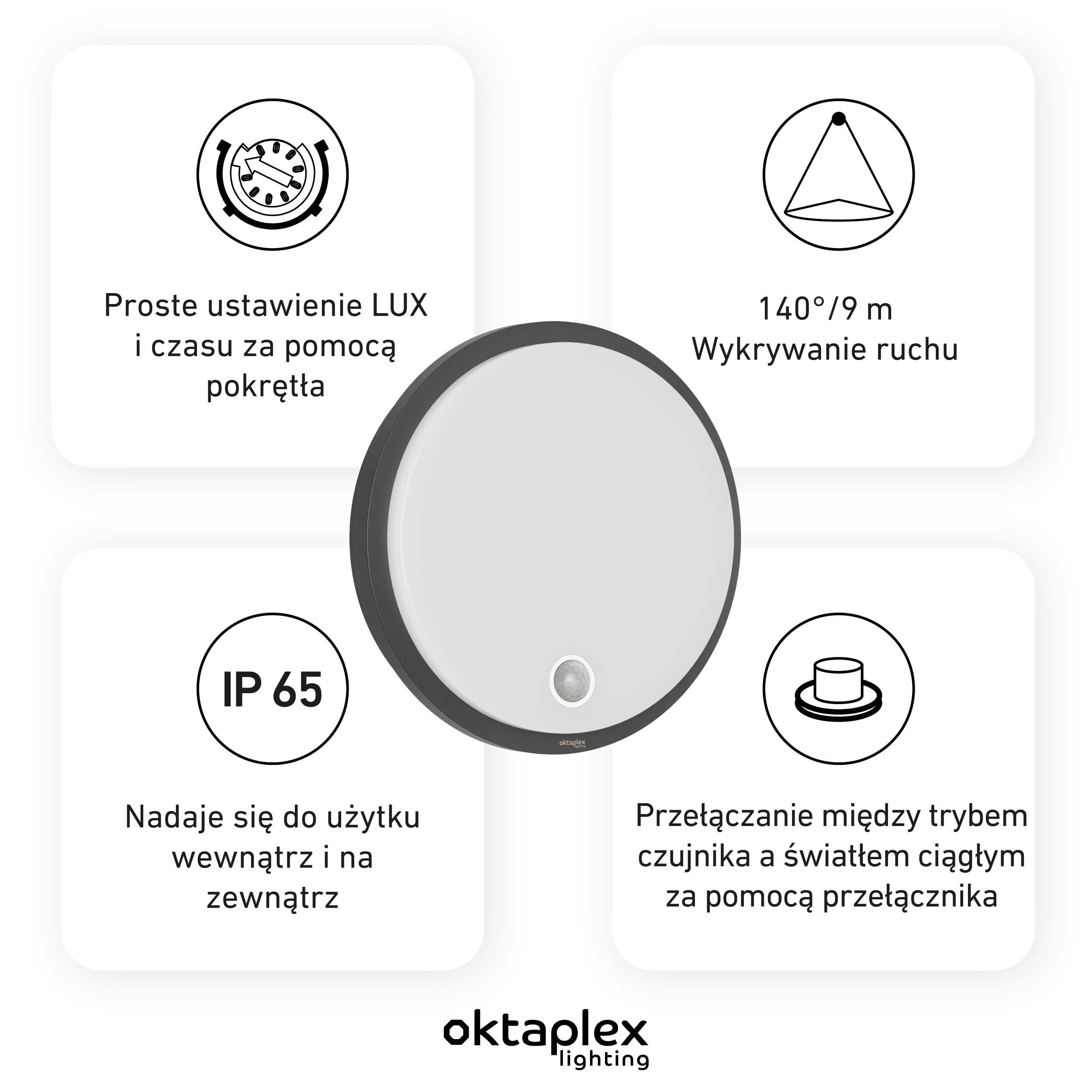 Oktaplex Plato lampa zewnętrzna z czujnikiem ruchu 3000K ciepła biel i przełącznik światła ciągłego 1010lm lampa ścienna LED IP65 okrągła antracytowa 10,5W 230V