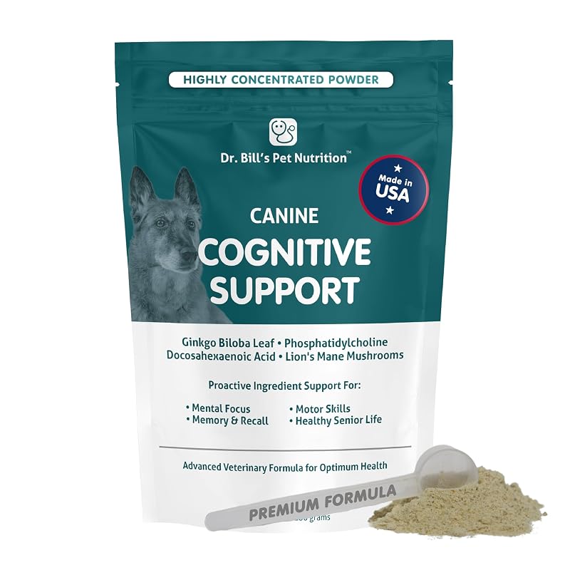 Suplemento em Pó para Cães Dr. Bill's com DHA, Ginkgo e Cogumelo Lion's Mane – Sabor Bacon, aproximadamente 180 g