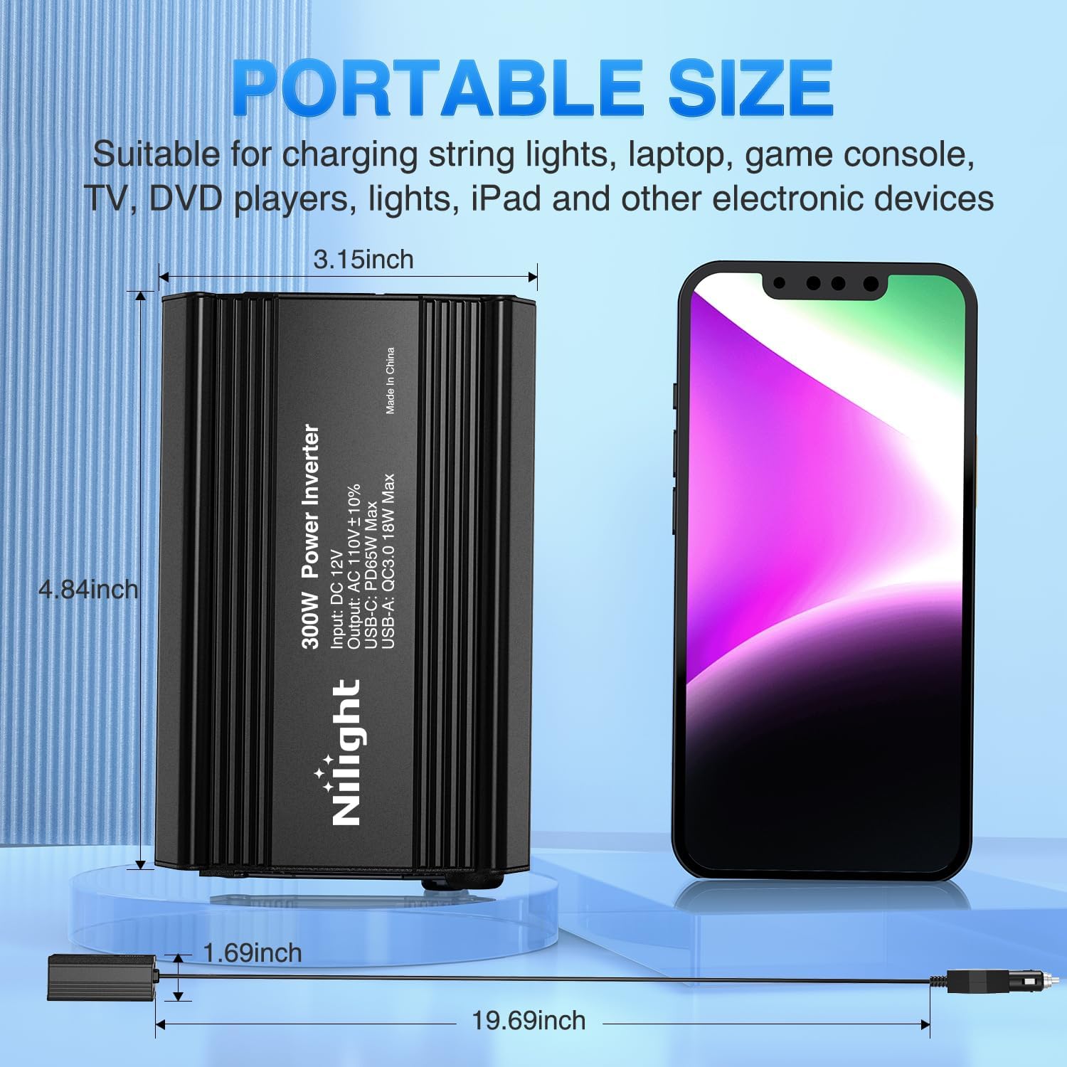 Nilight 300W Power Inverter with dimensions shown.