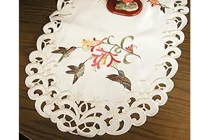 BANBERRY DESIGNS Floral Hummingbird Embroidered Table Runner with Hummingbirds and Trumpet Vine Flowers