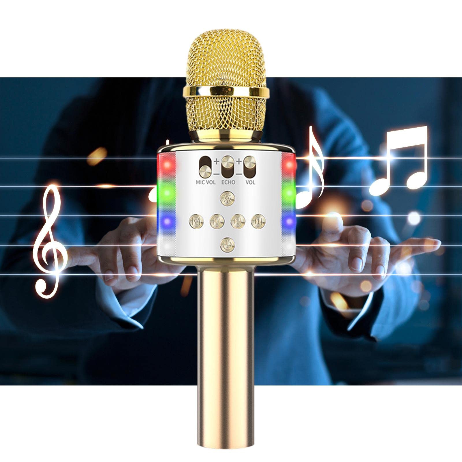 Mikrofon karaoke Bluetooth 4 w 1 z tańczącymi diodami LED, przenośny dla dzieci i dorosłych – oszałamiający dźwięk KTV na żywo, wielofunkcyjny mikrofon na imprezę domową