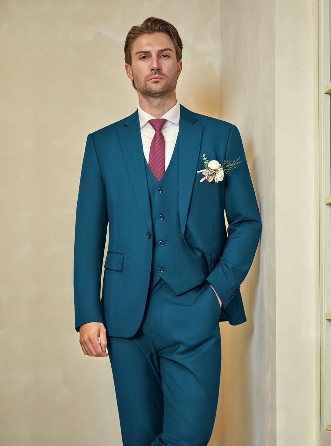 WULFUL Men’s Slim Fit Suit One Button 3-Piece Blazer Dress Business Wedding... - Picture 241 of 257