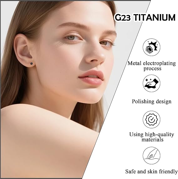 ZDE Women Earrings Threadless Flat Back Dot Earrings Titanium Hypoallergenic Cartilage Non-Nickel Black Push in Earring Studs for Sensitive Ears Simple Classic Earstuds