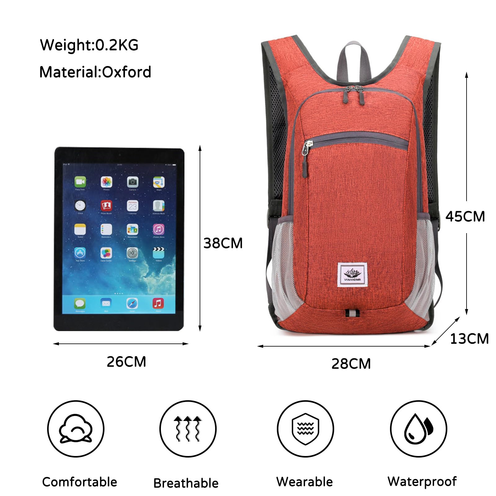Zaino da Trekking Zaino Pieghevole Impermeabile 19L Leggero Zaino Hiking Backpack per Donna Uomo Campeggio Ciclismo Arrampicata Sport Rosso