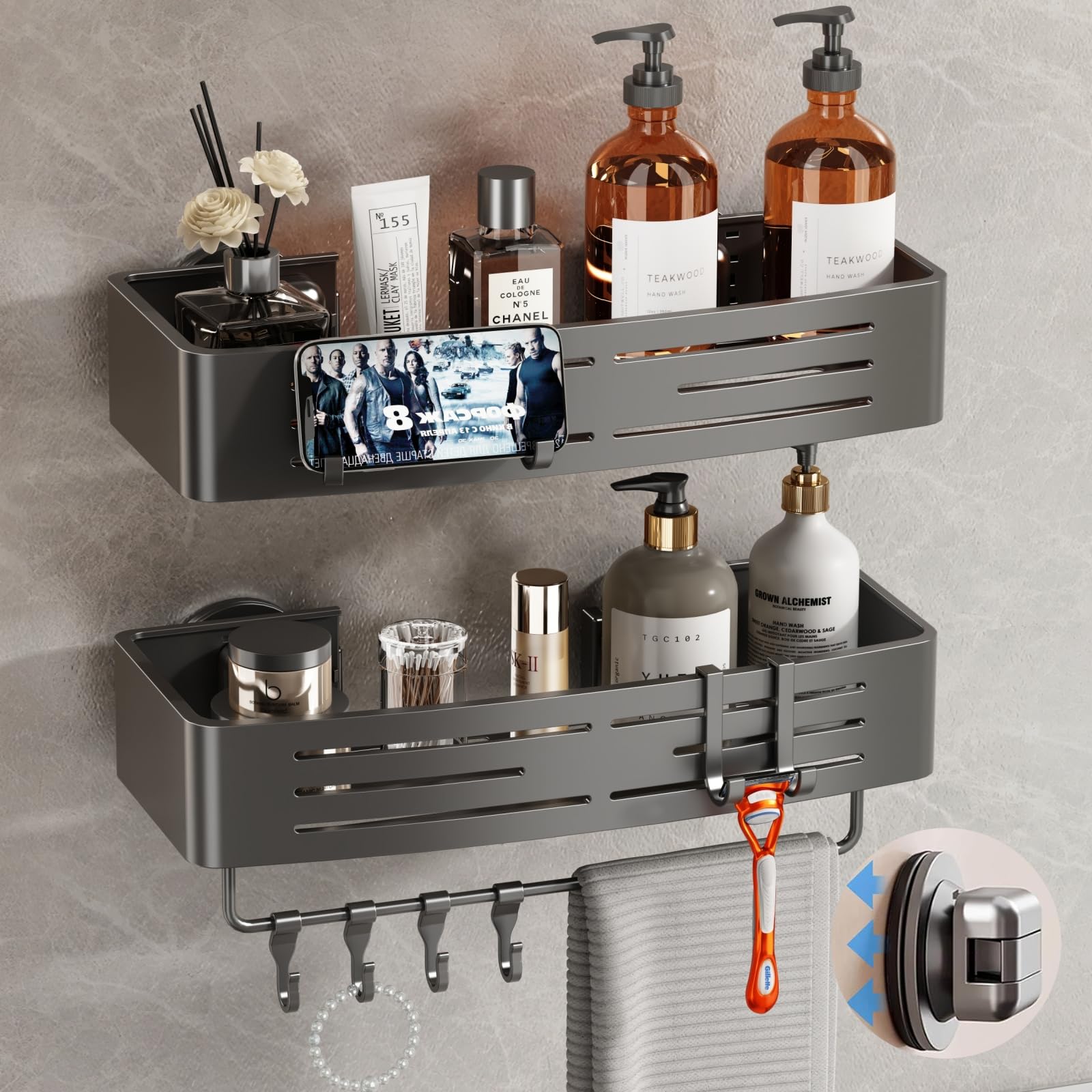 Voldra Shower Caddy Suction Cup 2 Pack Shower Shelves for Inside Shower No Drilling Aluminum Suction Showers Organizer