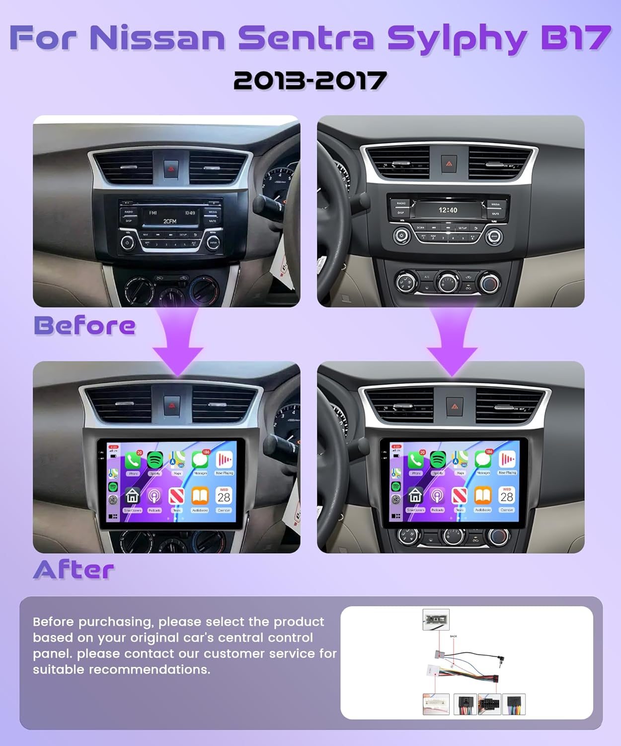 4Core 4G+128G Android 15 Car Radio for Nissan Sentra Sylphy B17 2013-2017, Rimoody Wireless Carplay Andorid auto Mirror Link 10'' INCELL Touchscreen GPS WiFi Bluetooth 5.0 FM/RDS EQ Backup Camera