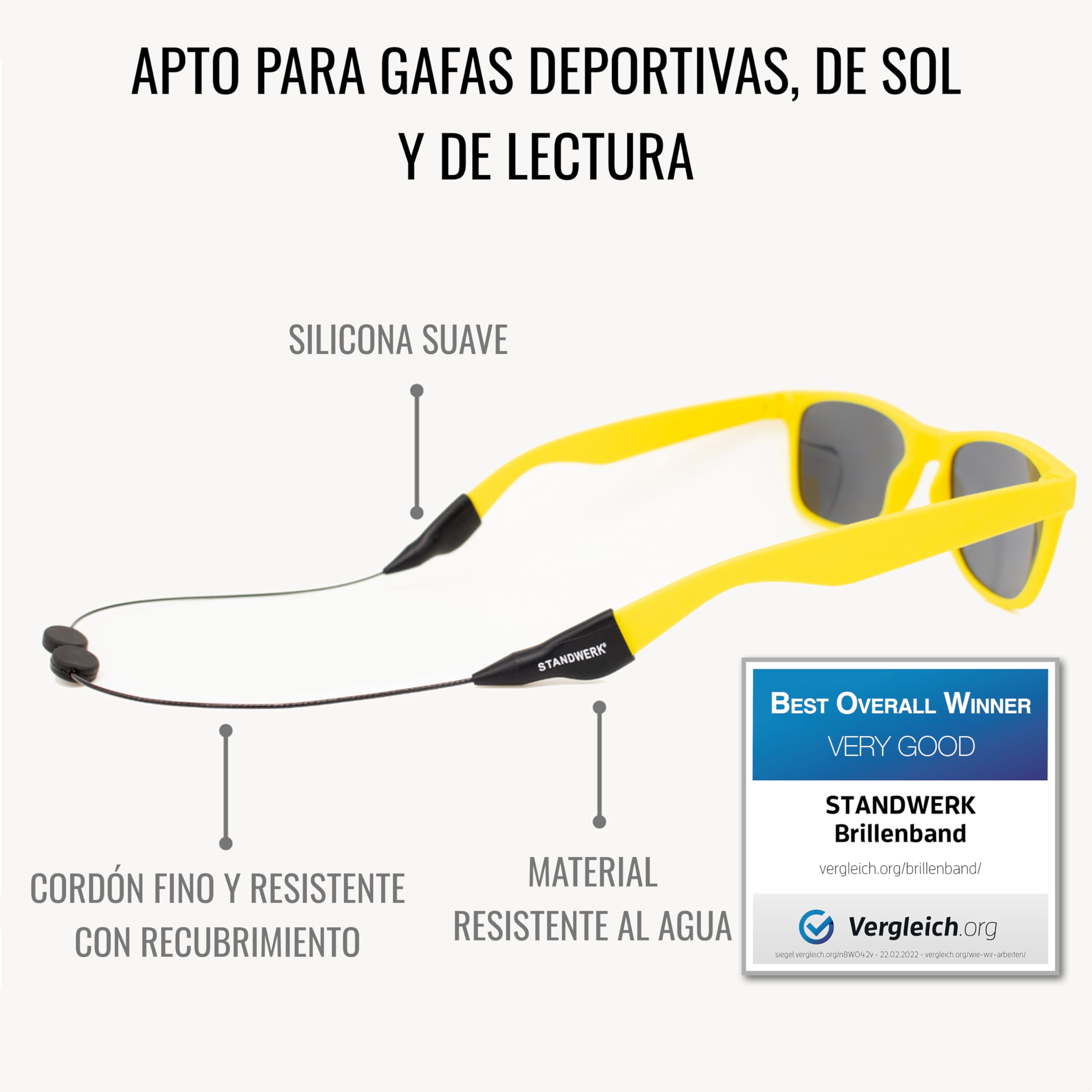 STANDWERK® Correa para gafas – Correa de gafas deportiva extremadamente fiable para mujeres, niños, hombres – Soporte de gafas adecuado para deportes y ocio – Resistente al agua, flexible