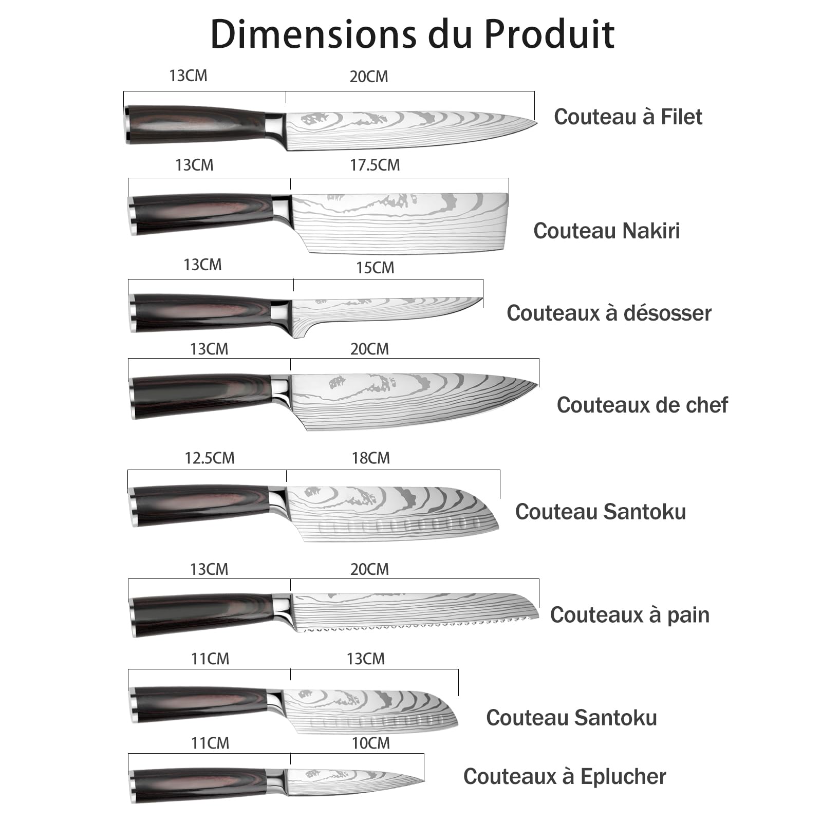 Couteau Cuisine Couteau Japonais Acier Inoxydable à haute teneur en carbone avec Poignée Ergonomique, Couteaux de Cuisine Professionnel (8PCS)