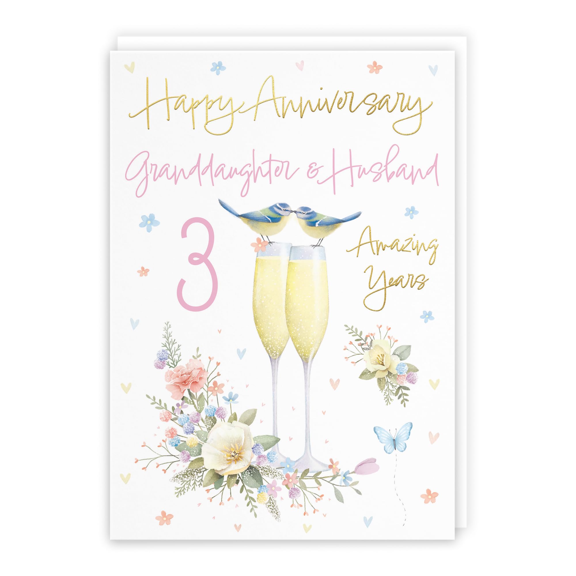 Hunts England - Granddaughter And Husband 3rd Anniversary Card - A5 Size - Champagne Flutes - Gold Foil - 3rd Anniversary Card For Granddaughter And Husband - Milo's Gallery โ image 1