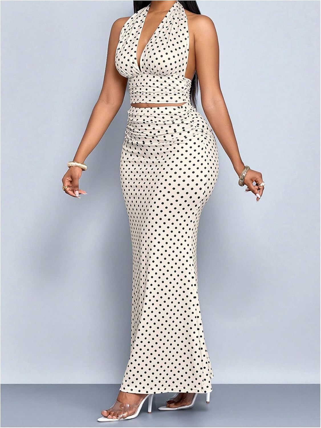SHENHE Women's Maxi Skirt Set 2 Piece Polka Dots Deep V Halter Crop Top Bodycon Fishtail Skirt - Image 3