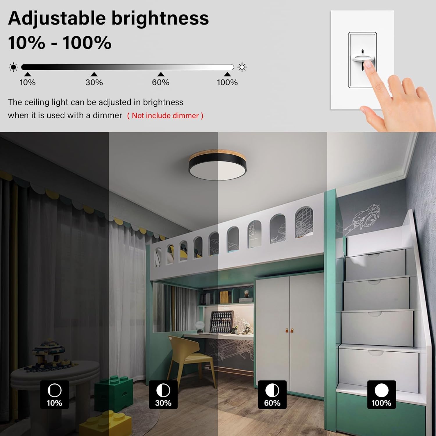 Modern Wood Oak Black Flush Mount Ceiling Light Dimmable LED Ceiling Light Fixture Minimalist Circle Close to Lighting Lamp for Kitchen Bathroom Bedroom Laundry Room, 11.8''