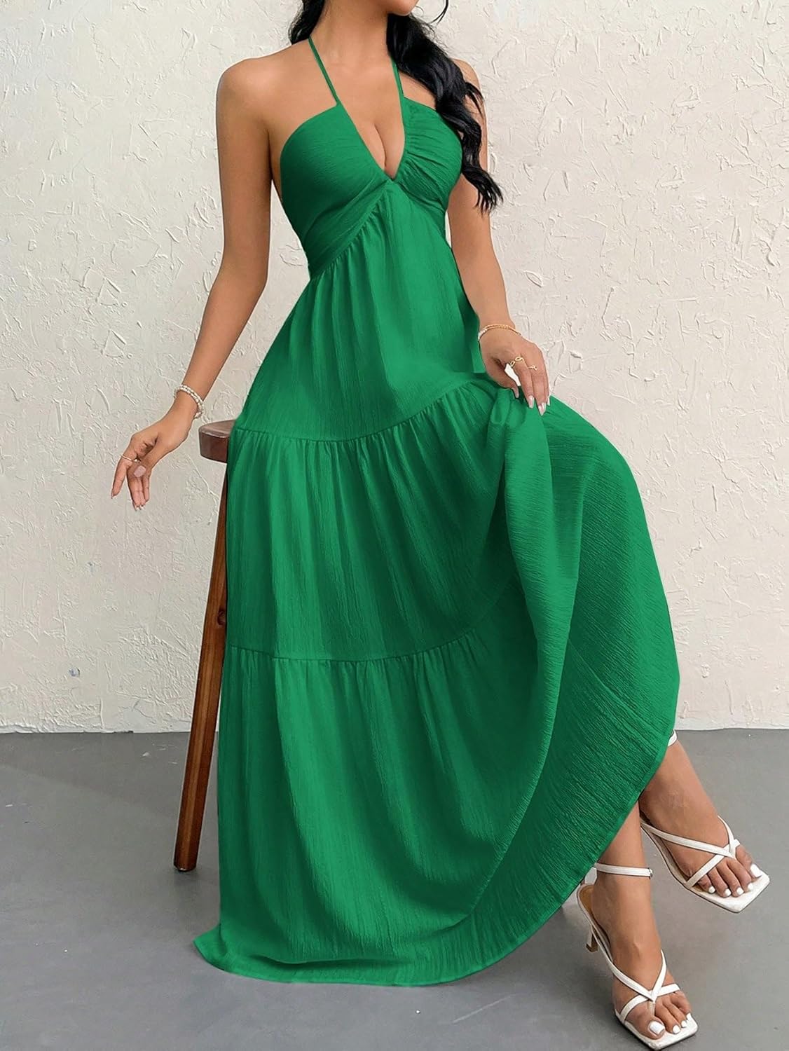 Casual Women's Beach Sun Dress Women's Chiffon Backless Lace-Up Long Dress
