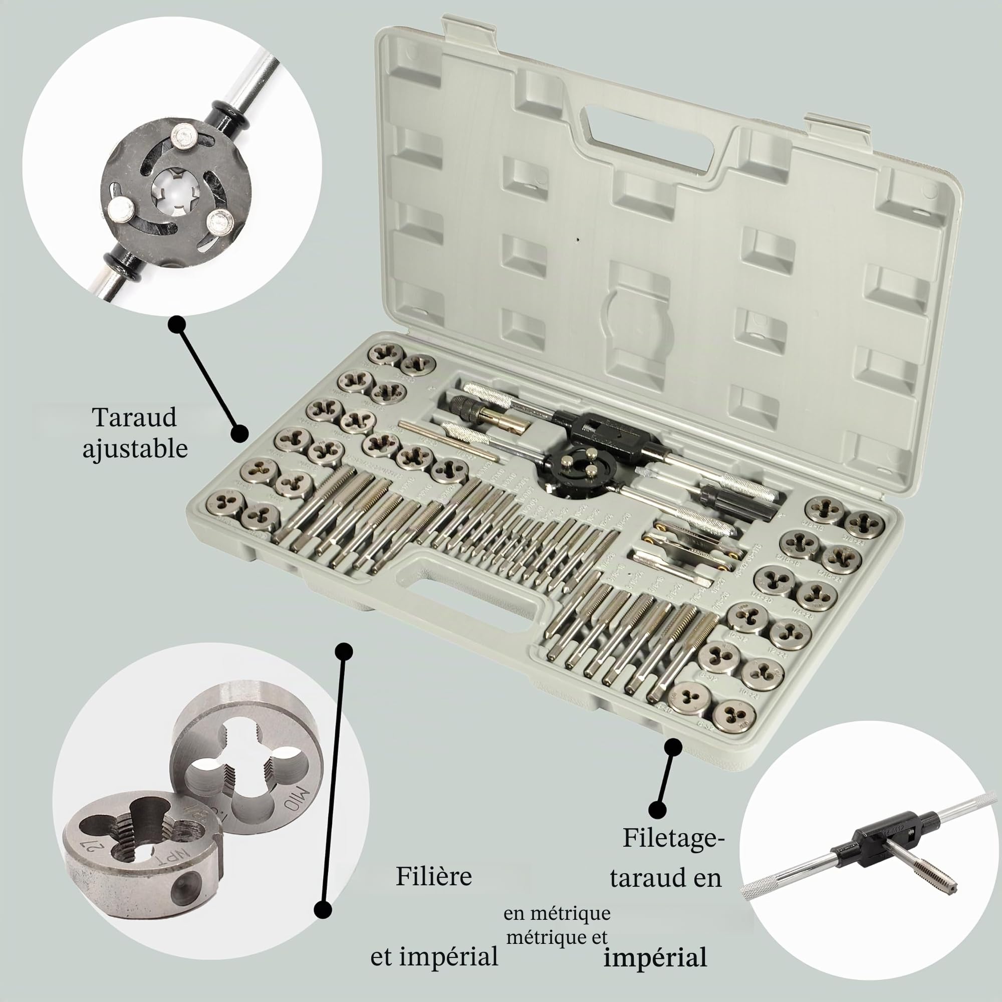 Kit de tarauds | 60 pièces | Métrique | Pouces | Kit complet | Filetage grossier UNC | Filetage fin UNF | Jeu de tarauds 60 pièces | Jeu de tarauds | Tarauds