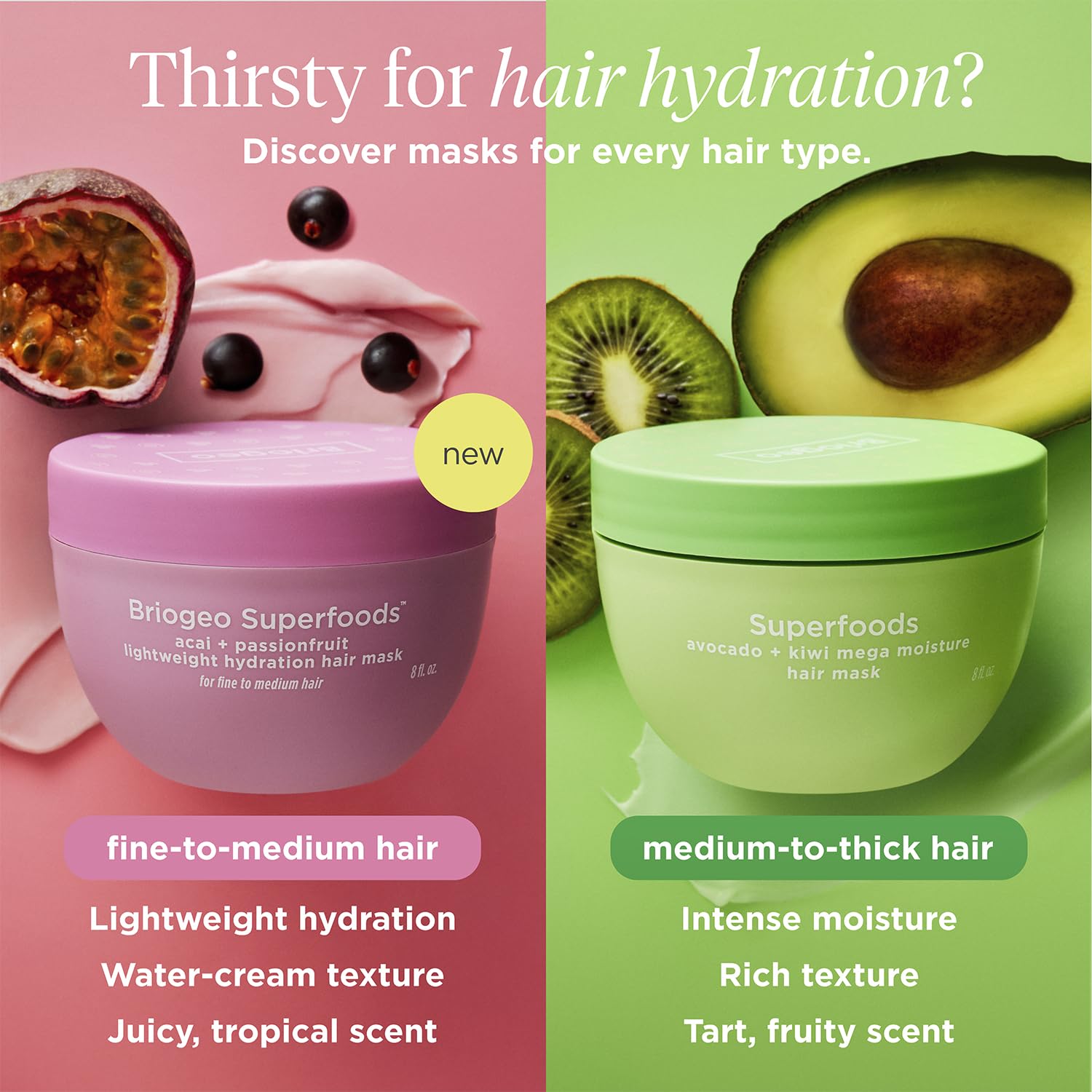 Briogeo Superfoods Acai + Passionfruit - Maschera idratante leggera per capelli fini, balsamo profondo per capelli fini, aumenta lucentezza e morbidezza, umidità senza peso, vegana e cruelty-free