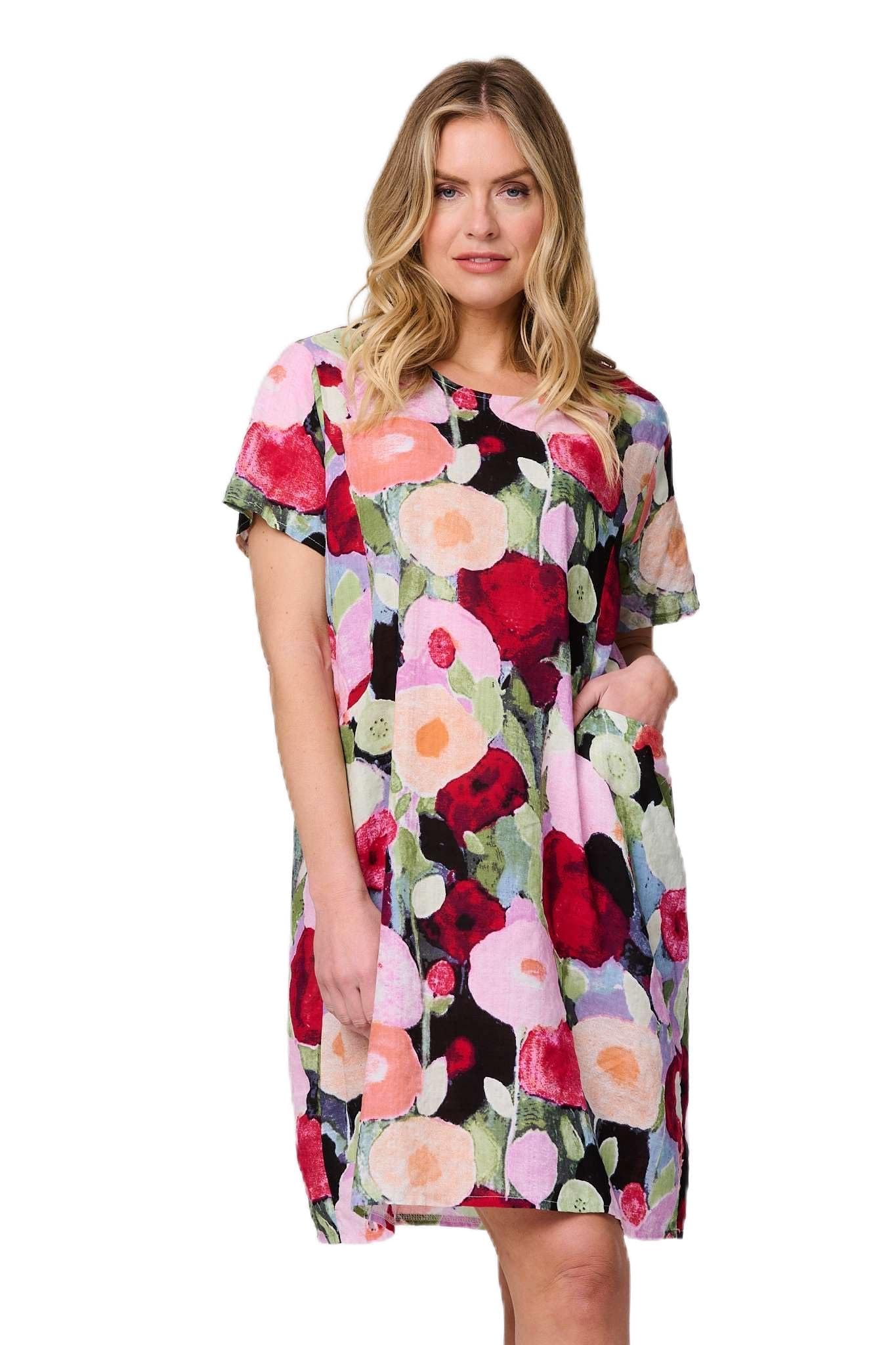 Izabel London Abstract Print Relaxed Short Shift Dress for Women UK with a Relaxed fit, Pockets, a Short
