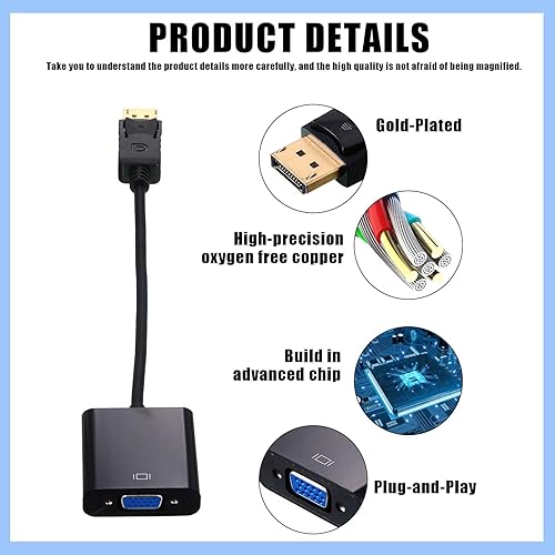 Miniatura 3 de Paquete de 20 adaptadores de puerto de pantalla a VGA chapados en oro adaptadores DP a VGA convertidores negros DP a VGA adaptadores de cable macho