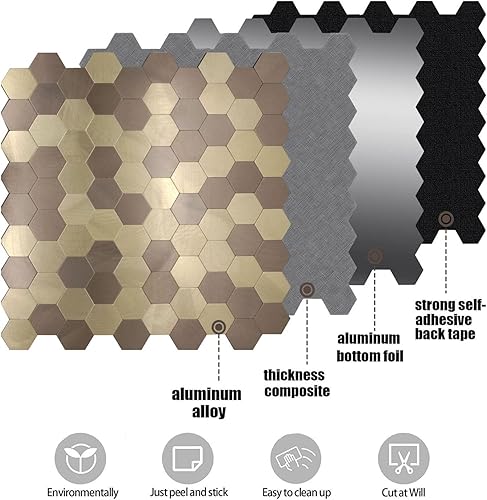 Miniatura 5 de YMMXGE Azulejo de pared hexagonal 3D para cocina, baño, sala de estar, adhesivo autoadhesivo de aluminio de 11.4 x 11 x 0.15 pulgadas (10, dorado +
