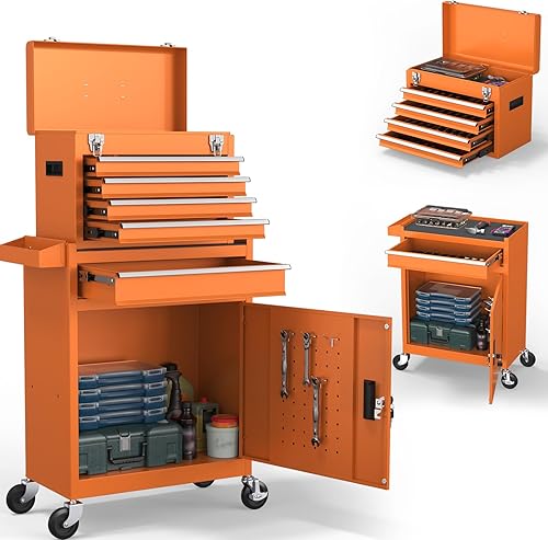 Baúl de herramientas con 5 cajones, caja de herramientas rodante 2 en 1 con ruedas y cajones, caja de herramientas desmontable con cerradura, carro