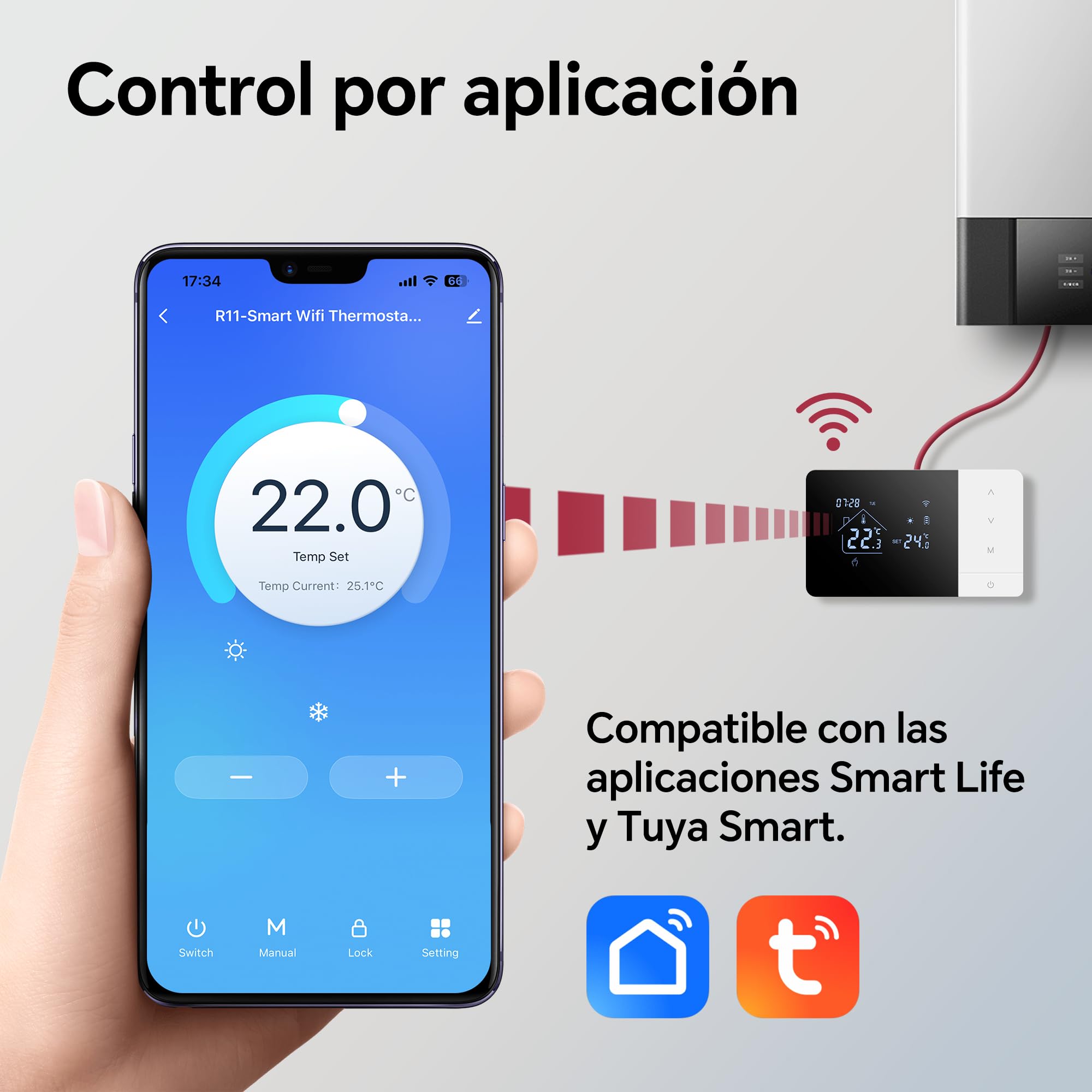 termostato de batería WiFi de 2 Hilo para Control de calderas de Gas Termostato Tuya programable Diariamente, Compatible con Control por Voz de Google y Alexa.W506 3A