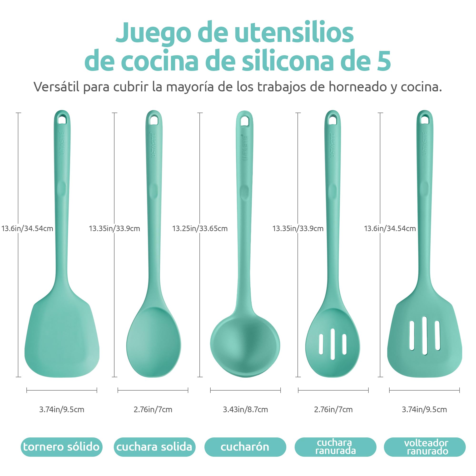 U-Taste Utensilios de Cocina de Silicona Extra Largos: 5 piezas 315 ℃ Herramientas de cocina resistentes al calor juego de espátulas antiadherentes para mezclar, servir y freír (Aqua Sky)