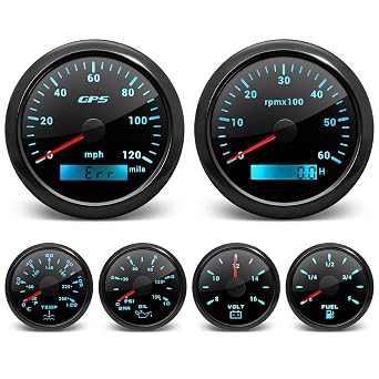 ARTILAURA 6 Gauge Set- 85mm 3-3/8" GPS Speedometer 120MPH, Tachometer, 52mm 2-1/16" Fuel Level, Water Temperature, Oil Pressure, Voltmeter 7 Color Boat Gauges Set for Marine AUTO Truck All Black