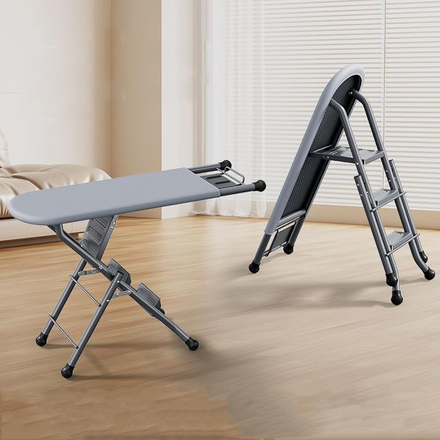 Ironing Board Full Size 2 in 1 Ladder Iron Board Foldable Stainless Steel Heavy Duty Large Ironing Board with Iron Rest, Metal Mesh, 120x34cm Ironing Surface