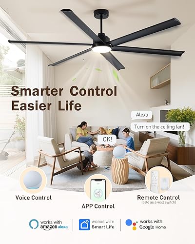 Miniatura 2 de Ventiladores de techo industriales inteligentes Alexa de 84 pulgadas con luz, 6 aspas de aluminio de doble capa, ventilador de techo negro grande