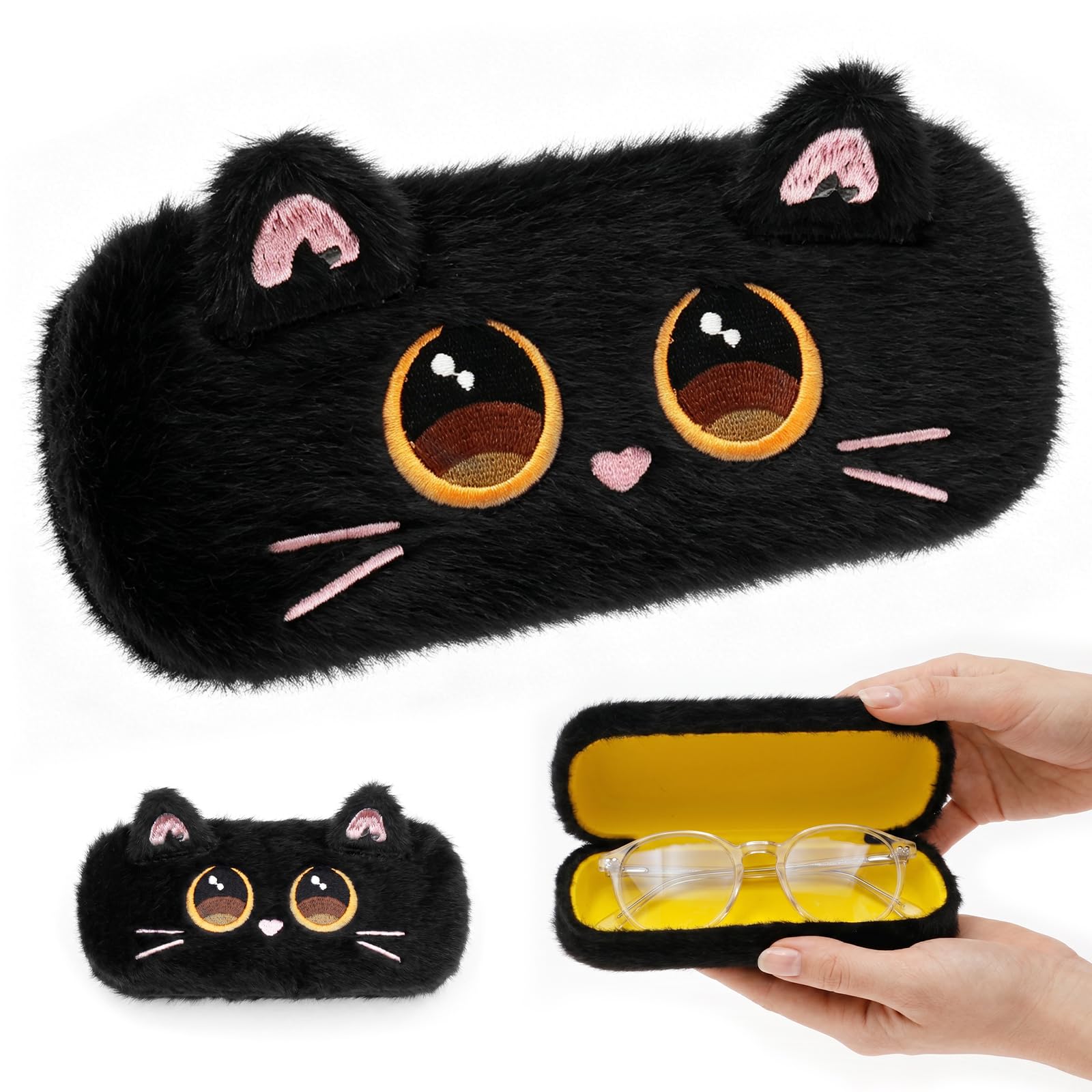 Brillenetui Kinder Mädchen Flauschig Katzen mit Magnetverschluss | Brillenetui Hardcase Groß Süß aus PU-Innenfutter Wasserabweisend Schmutzabweisend für Mädchen Jung