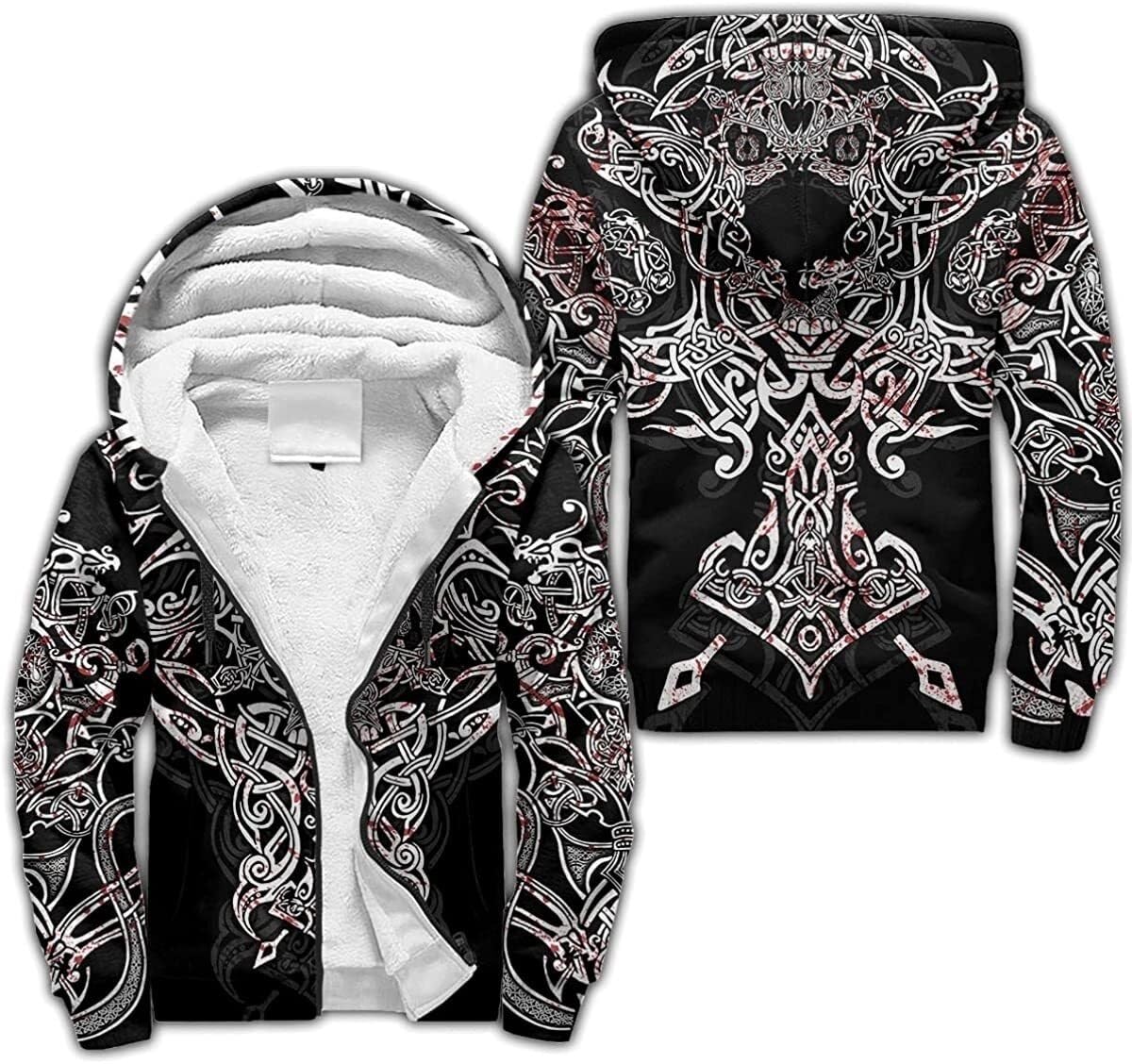 Viking Fleece Hooded Sweatshirt Thick Pullover Hoodies Winter Hoodies For Men Outdoor Athletic Hoodies Zip Up Jacket(White,XL)