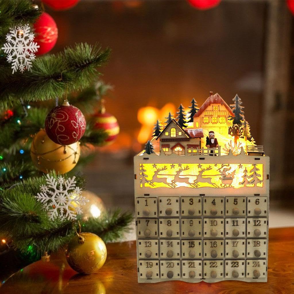 Calendario de Adviento navideño de para Madera con Cuenta Regresiva para Las Fiestas, con 24 cajones extraíbles y Hermosas Luces LED.