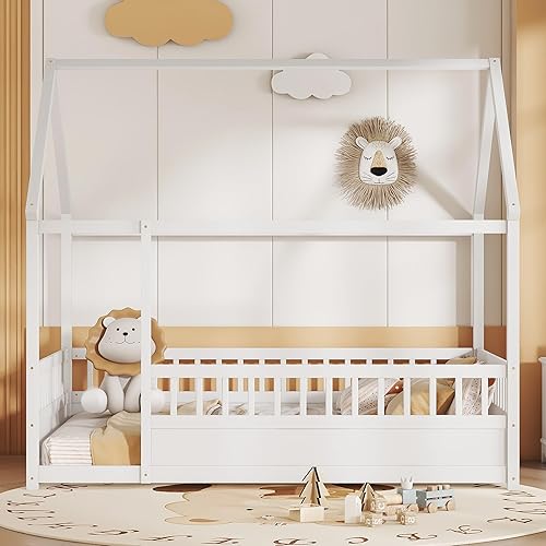 Miniatura 21 de Bellemave Cama Montessori de madera con valla y techo para niños, marco de cama individual para niños, niñas (individual, blanco)