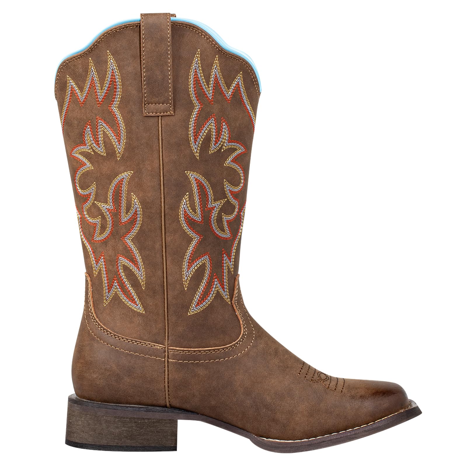J's.o.l.e Stivali da cowboy da donna con punta quadrata, polpaccio largo, stile western, con ricamo classico, marrone