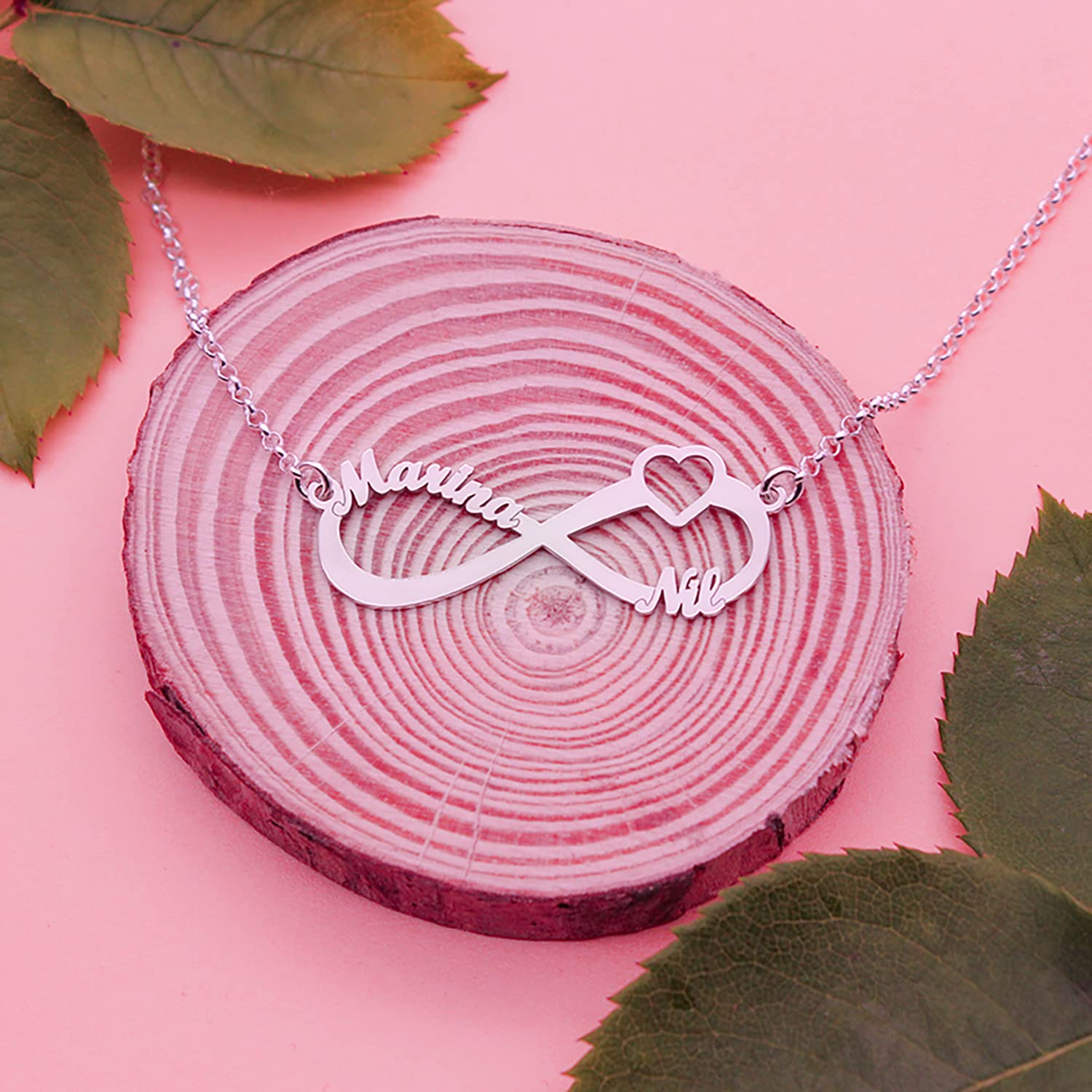 Collar Infinito Plata Personalizado con Corazón - Hasta 3 Nombres - Colgante con Cadena - Regalo para Mamá, Hijos o Pareja - Plata de Ley/Chapado en Oro - Mi Joya Personalizada (plata,2 Nombres)